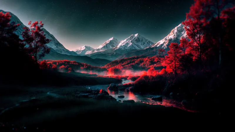 Red forest under snowy peaks, Night river, Starry sky, 4K wallpaper