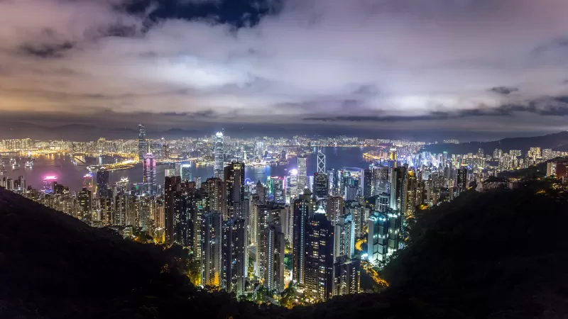 Hong Kong City, Skyline, River, Night time, Skyscrapers, Clouds, Cityscape, 5K