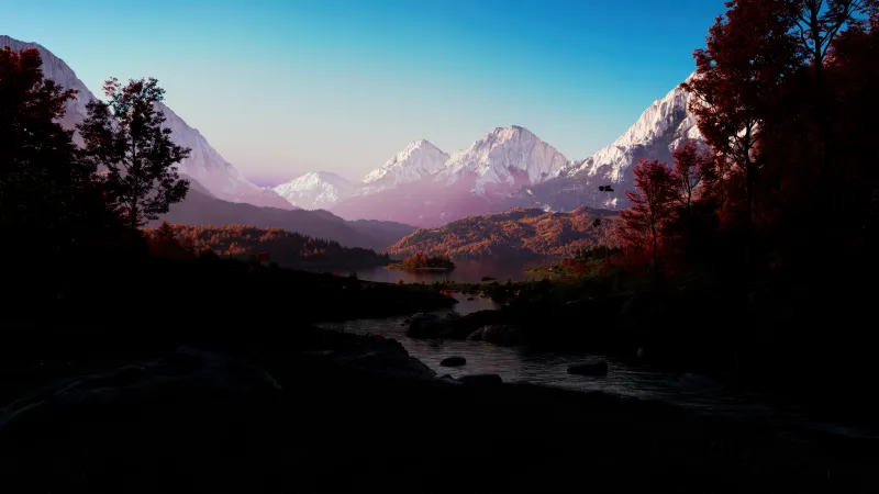 Snowy peaks and autumn trees wallpaper, River, Pink sky