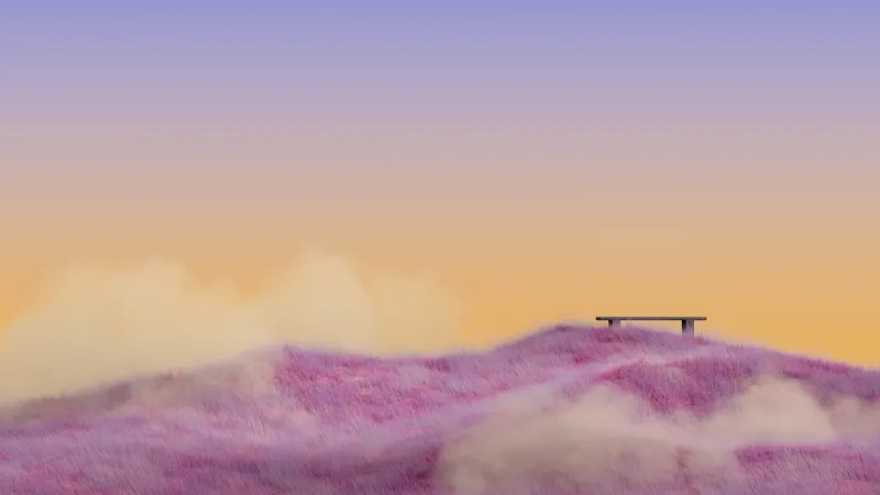 Bench on pink grass hill, Yellow sky, Minimalist, 4K wallpaper
