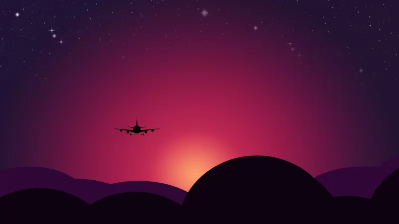 Plane, Sunset, Starry sky, Illustration, Red Sky