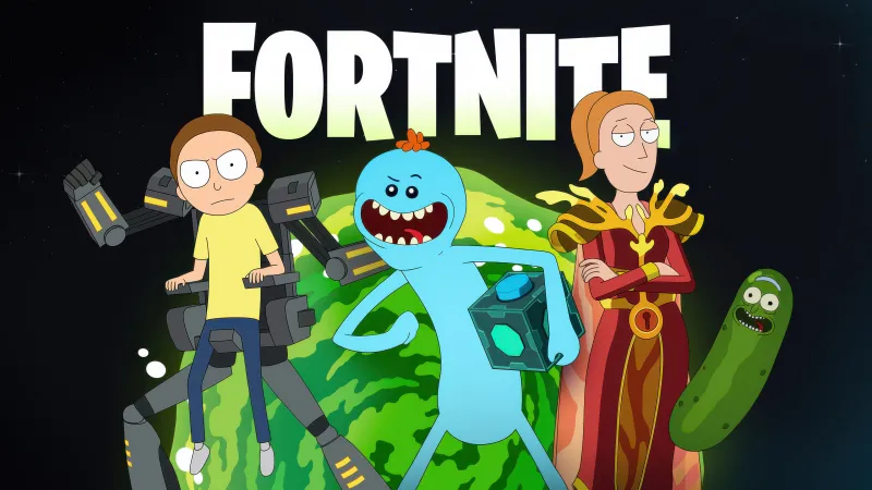 Fortnite 4K Wallpaper, Mecha Morty, Mr. Meeseeks, Summer Smith, Morty Smith