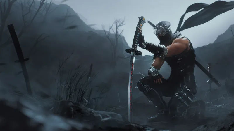 Ryu Hayabusa wallpaper, Ninja Gaiden 2 Black, Dragon Sword, Misty mountains