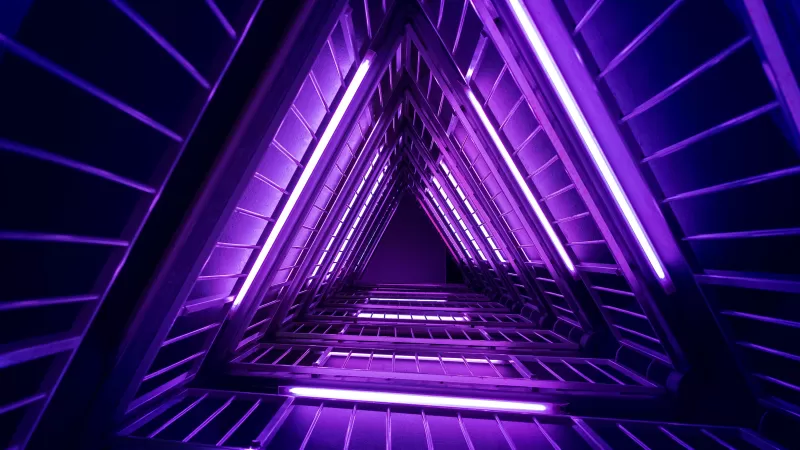 Neon Triangle, Purple light, Low Angle Photography, Look up, Geometrical, Indoor, Neon Lights, Glowing, Vibrant, Triangles, Aesthetic