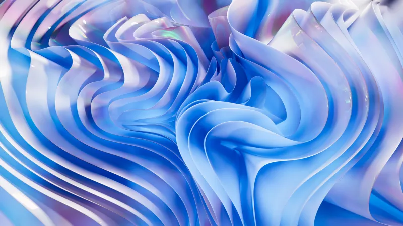 Blue holographic waves, Silk folds, 3D render, 5K wallpaper
