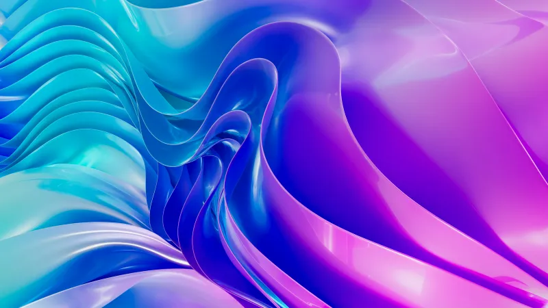 Blue and purple glossy waves wallpaper, 3D render, Vibrant