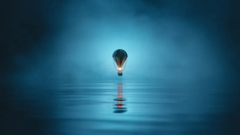 Hot air balloon, Misty Foggy night, Serene Aesthetic, 5K wallpaper