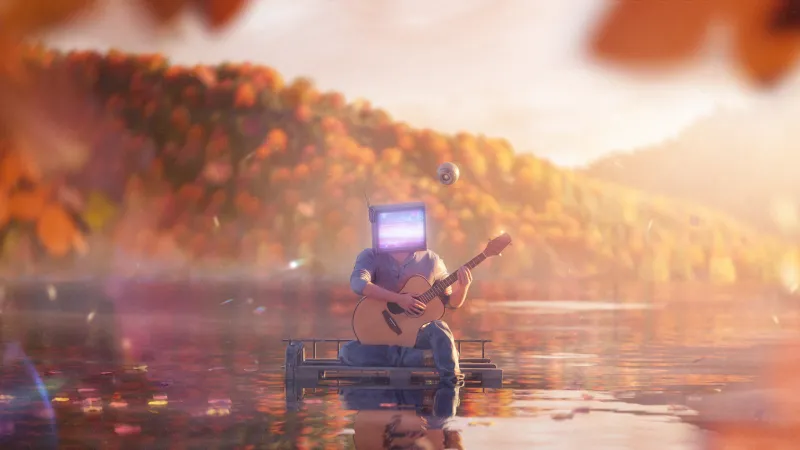 Dreamlike Guitarist, Autumn Scenery, Autumn background, Aesthetic, Playing guitar