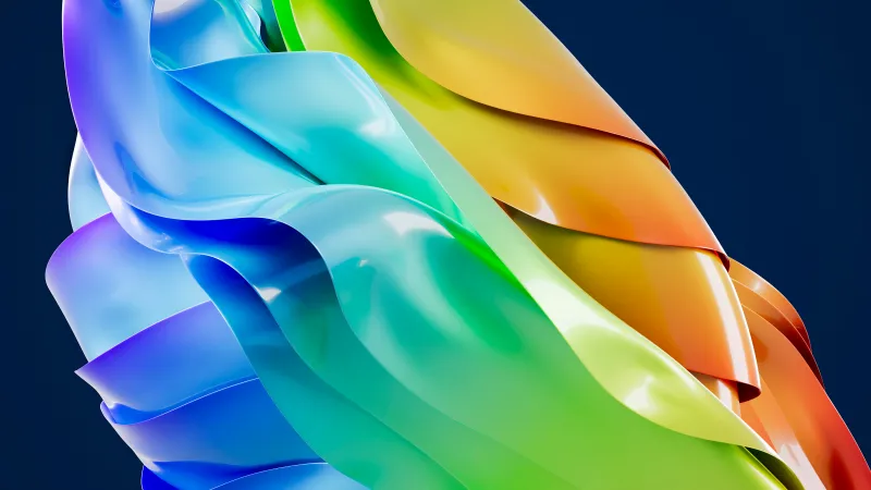 Rainbow glossy ribbons, Navy background, 3D abstract, 5K wallpaper