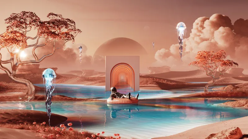 Astronaut relaxing on a desert lake wallpaper, Floating jellyfish, Surreal
