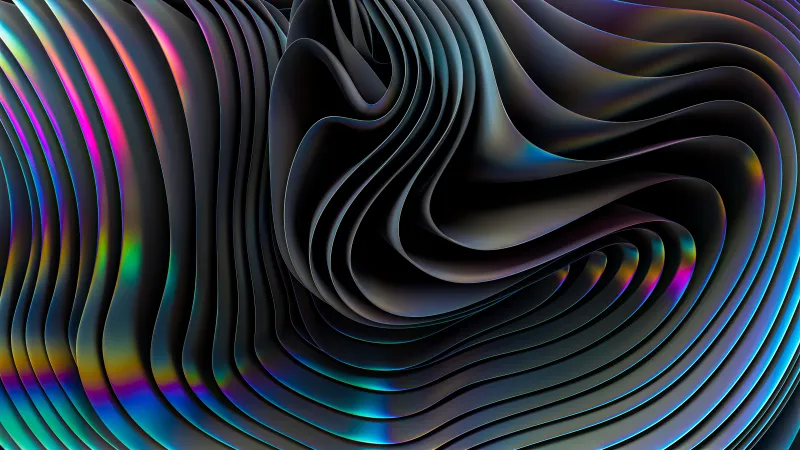 Dark iridescent waves, 3D render, Holographic layers, 5K wallpaper