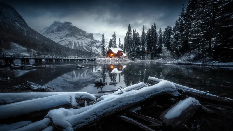 Cozy Winter Cabin, Snowy Trees, Winter forest, Winter snow, Frozen lake, Serene Wilderness, Isolated Snow mountains, 5K wallpaper
