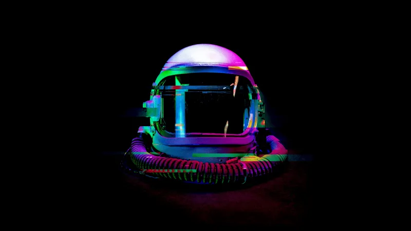 Astronaut helmet, Glitch art, Cyberpunk, Distortion, Futuristic, Holographic, Dark aesthetic, Dark background 8K