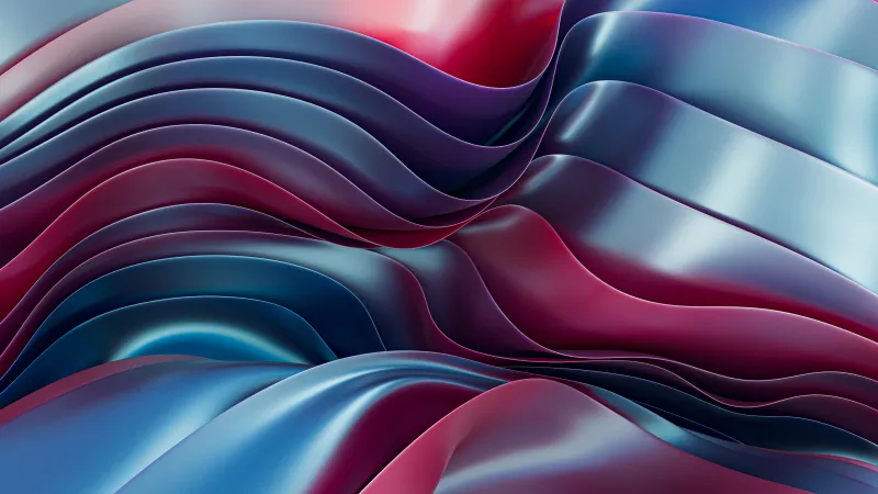 Red and blue metallic waves, 3D ribbons, Abstract, 5K wallpaper