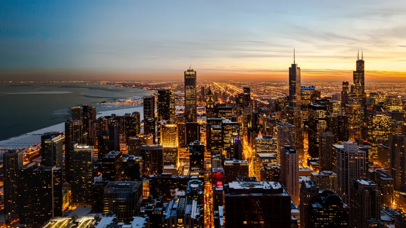 Chicago skyline at sunset wallpaper, Aerial view, City lights