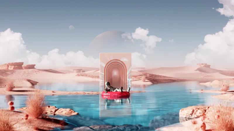 Astronaut floating in a desert oasis, Archway portal, Surreal, 5K wallpaper