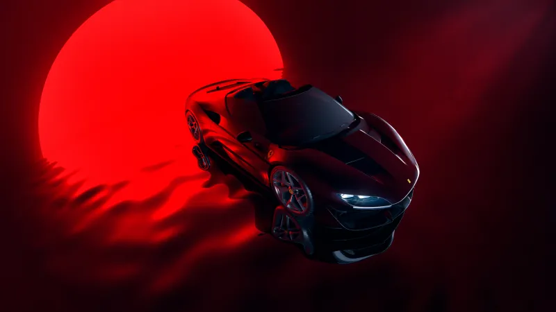 Ferrari J50 wallpaper, Red roadster, Red sun, Top view, Limited edition, 4K