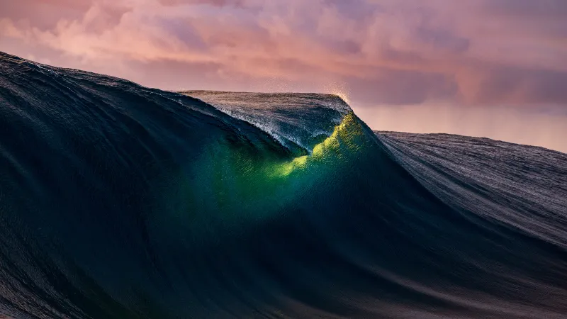 Curling ocean wave at sunset, Green glow, Seascape, 5K wallpaper