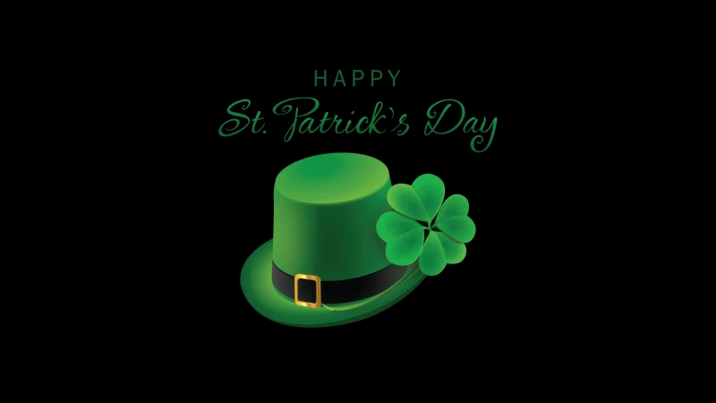 St. Patrick's Day, Black background 5K, Minimalist Leprechaun cap, Four-leaf clovers, Irish