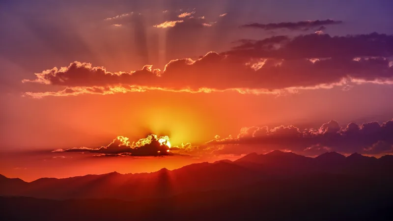 Sunset rays over mountains, Fiery clouds, Golden hour, 5K wallpaper