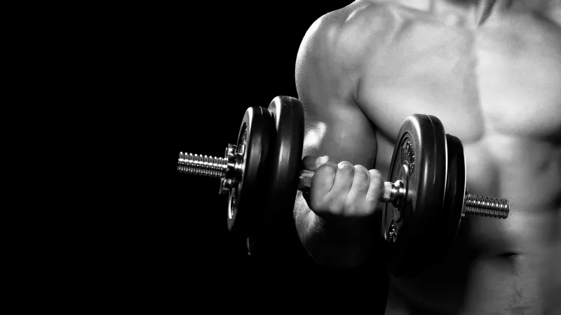 Dumbbell curl wallpaper, Black and white, Gym workout