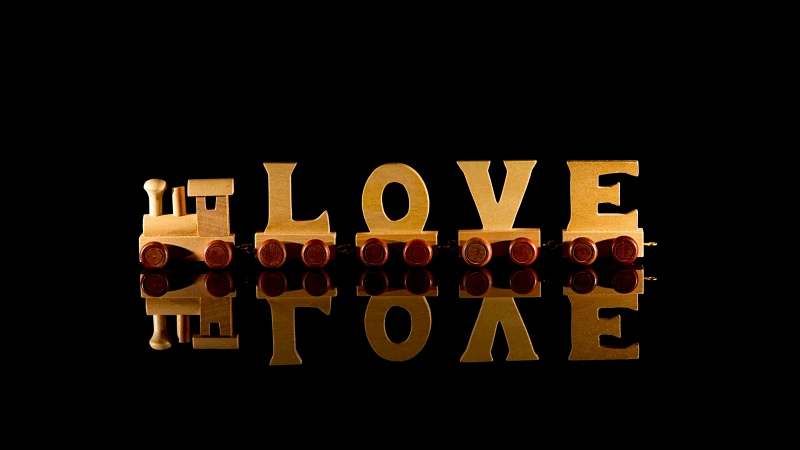 Wooden LOVE train, Black background, Reflection, 8K wallpaper