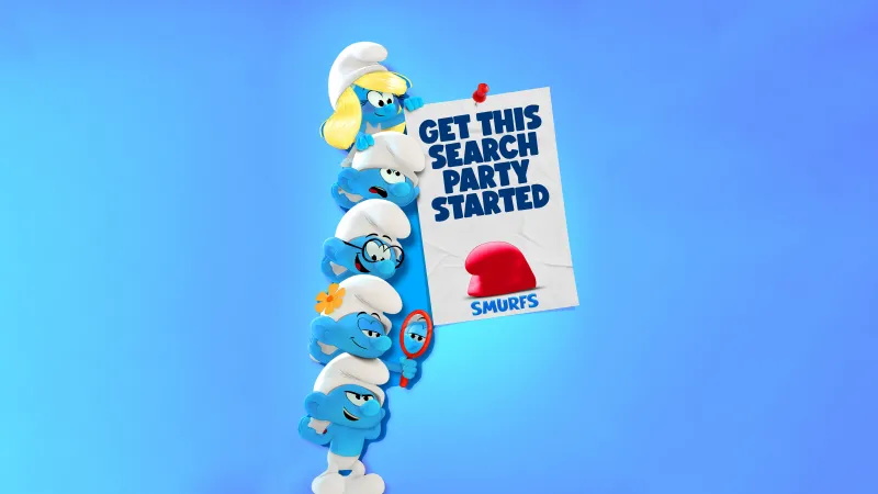 Smurfs, 8K wallpaper, Search party poster, Smurfette, Papa Smurf, Blue background