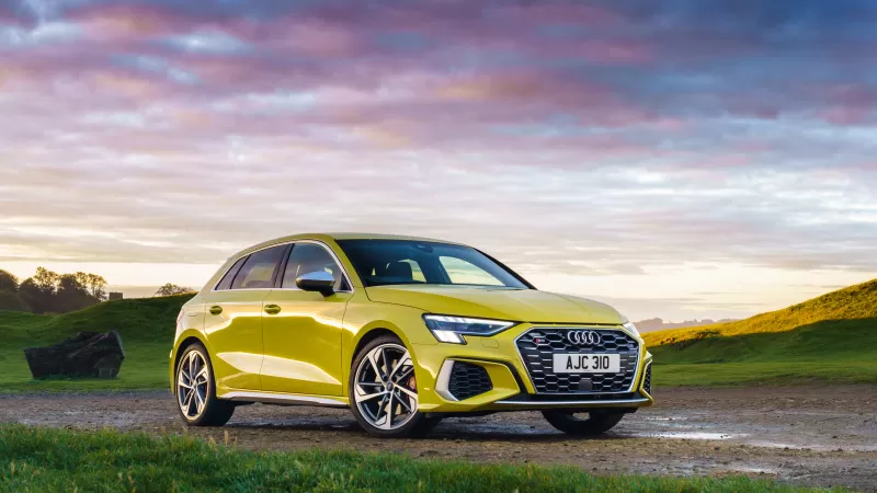 Audi S3 Sportback, Yellow hatchback, Pink sunset sky, 2020 wallpaper