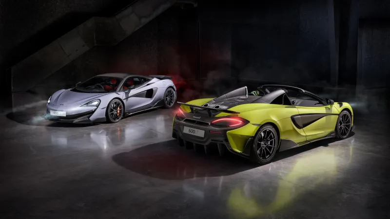 McLaren 600LT Coupe and Spider, Grey and lime green, Dark garage, 8K wallpaper