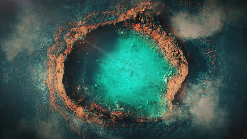 Turquoise crater lake from above, Red rim, Aerial view, 5K wallpaper