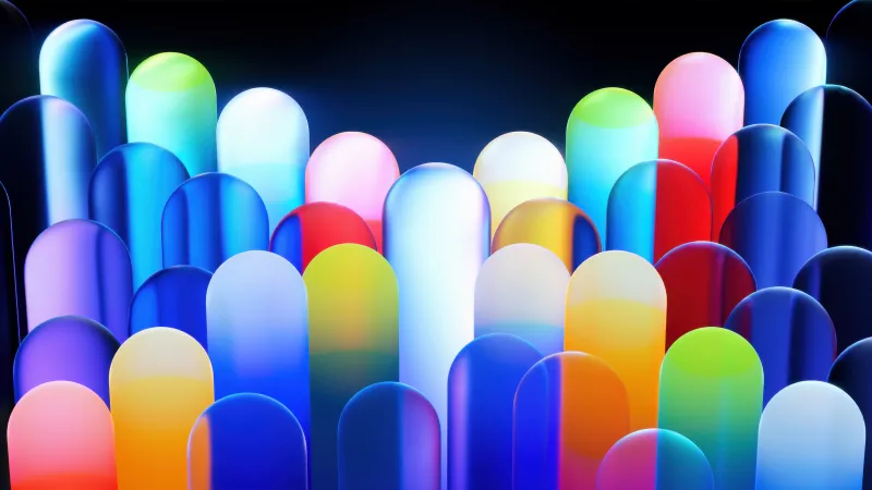 Glowing glass capsules, Colorful 3D, Neon, 5K wallpaper