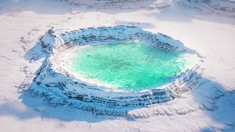 Frozen crater lake, Aerial view, Turquoise water, 5K wallpaper