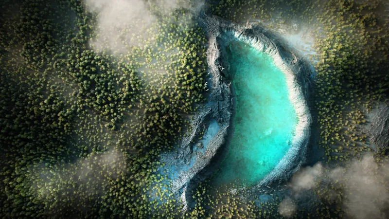 Emerald crater lake in a forest, Aerial view, Mist, 5K wallpaper