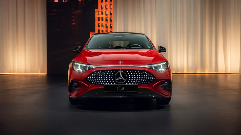 Mercedes-Benz CLA wallpaper, Red sedan, Front view, Curtain stage, 2025, 5K