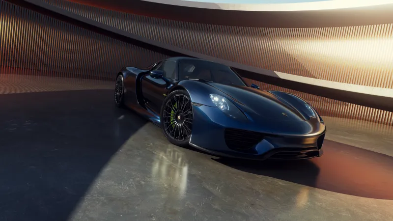 Porsche 918 Spyder wallpaper, Dark blue hybrid hypercar, Curved pavilion, 8K