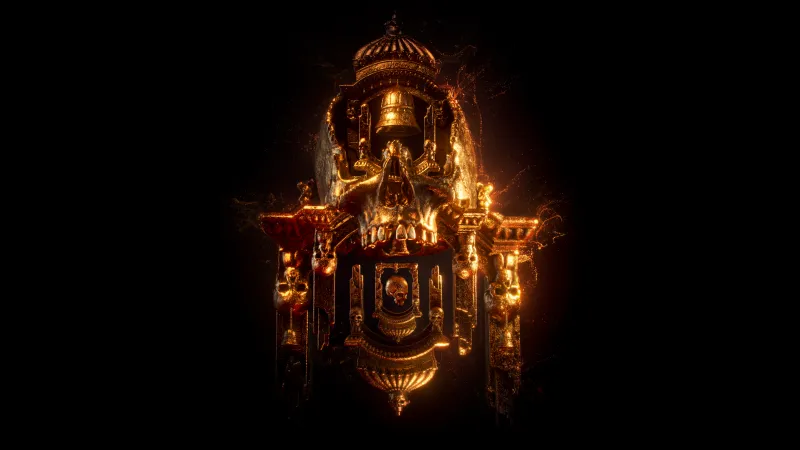 Path of Exile 2, Golden skull shrine, Gothic, Black background, 5K wallpaper