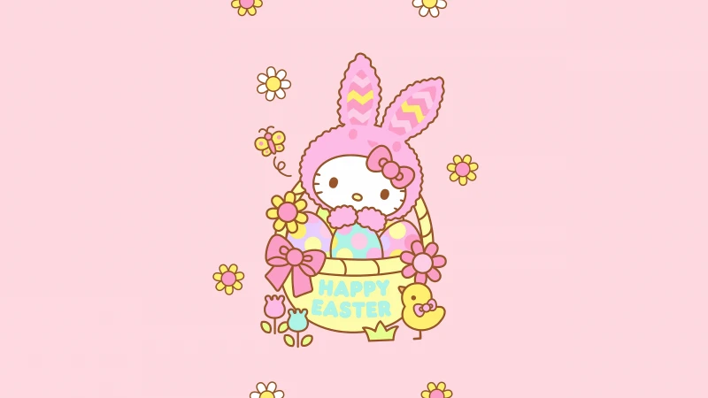 Hello Kitty Easter bunny, Happy Easter, Pink background 5K