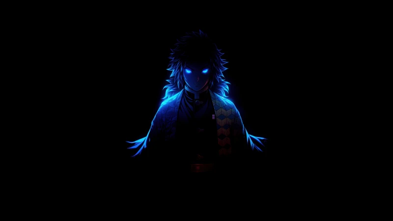 Giyu Tomioka, Demon Slayer, Neon glow, Black background, 4K wallpaper