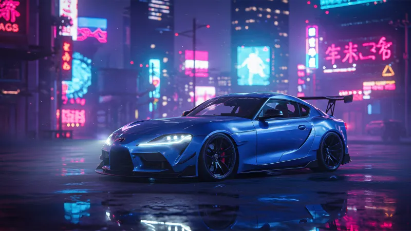 Toyota GR Supra, City street Neon Lights, 5K wallpaper