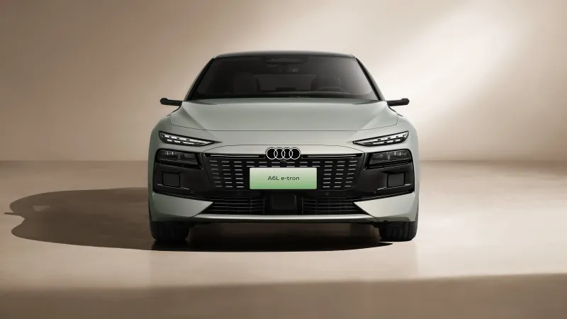 Audi A6L e-tron, Electric sedan, Front view, Beige studio, 2025, 5K wallpaper