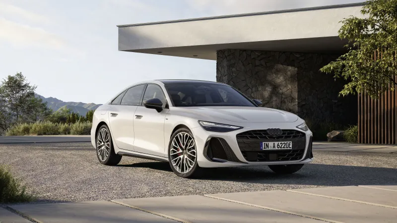 Audi A6 e-hybrid quattro wallpaper, White sedan, Modern villa, 2025, 8K