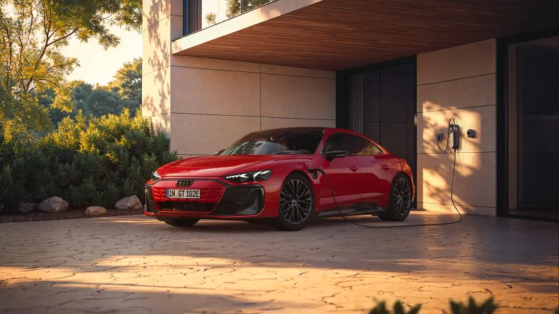 Audi e-tron GT wallpaper, Red electric GT, Charging at home, Golden hour, 2025