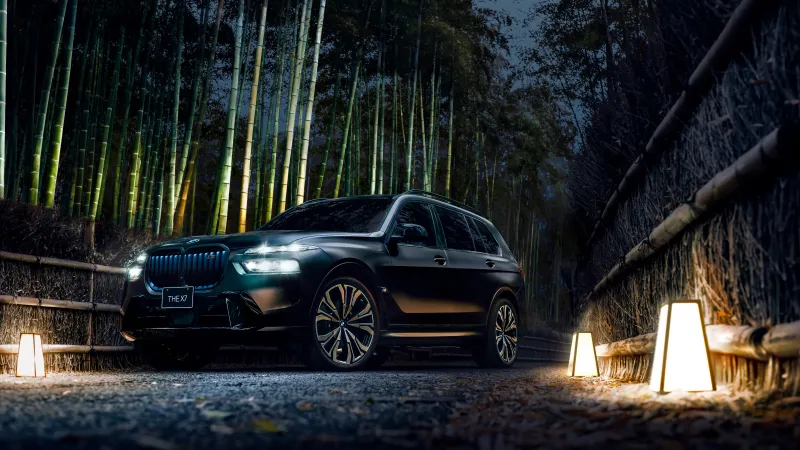 BMW X7 M60i Black wallpaper, Bamboo forest, Night lanterns, 2025, 8K