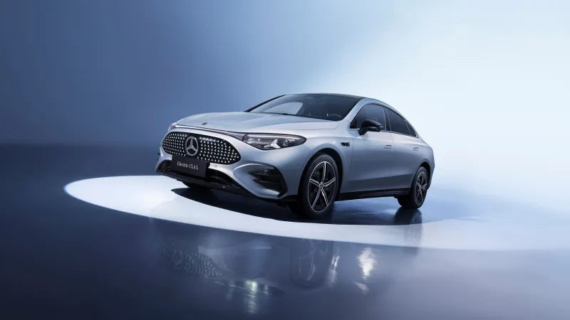 Mercedes-Benz electric CLA wallpaper, Silver sedan, Blue spotlight, 2025, 8K