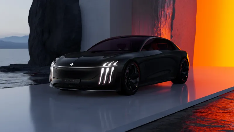 Hyptec Earth wallpaper, Black electric hypercar, Orange light wall, 2025, 8K