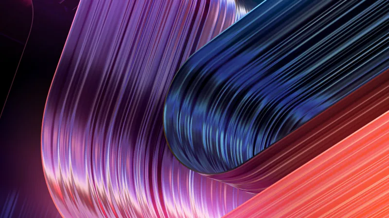 Purple and coral metallic ribbons, 3D render, Light streaks, 4K wallpaper