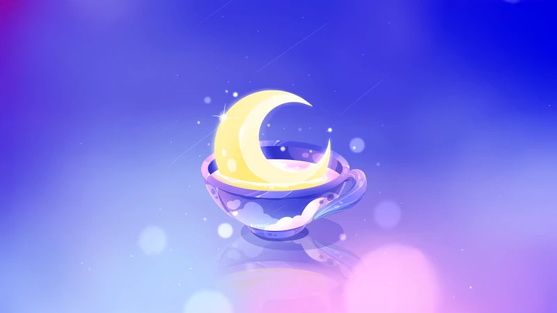 Dreamy Crescent Moon, Aesthetic wallpaper 5K, Tea cups, Blue and Purple, Blue gradient, Gradient background