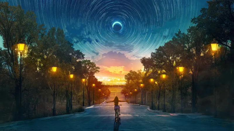 Girl on a bike under star trails, Street lamps, Surreal sky, 5K wallpaper