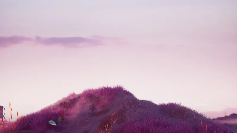 Purple grass hill, Pink sky, Surreal landscape, 5K wallpaper