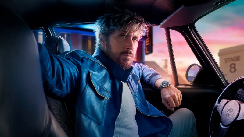 Ryan Gosling, Cinematic, Vintage car, Leather jacket, Retro style, 5K wallpaper